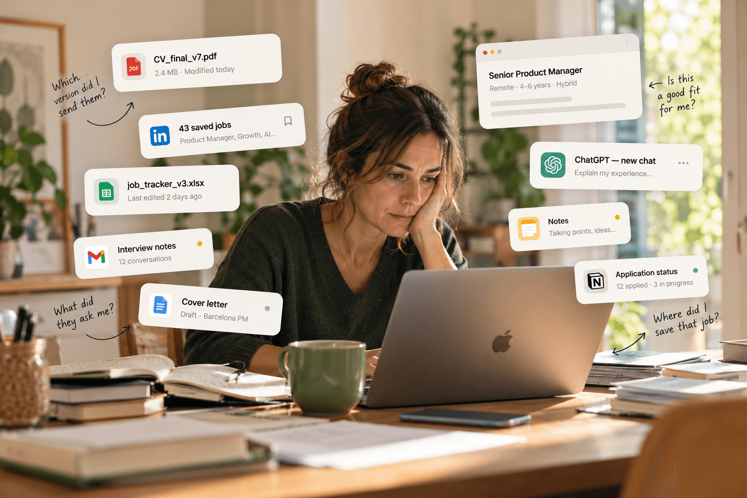 A professional looking exhausted at her laptop, surrounded by floating disconnected tools — CV files, LinkedIn saved jobs, a tracker spreadsheet, AI chats, cover letter drafts — illustrating the fragmentation of a modern job search.